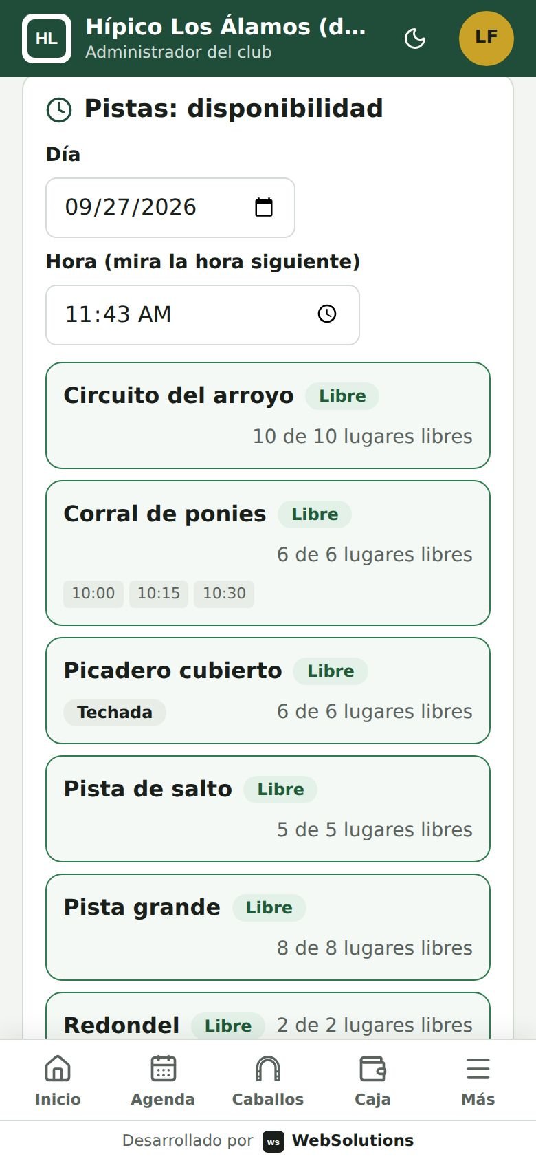 Disponibilidad de las pistas a una hora